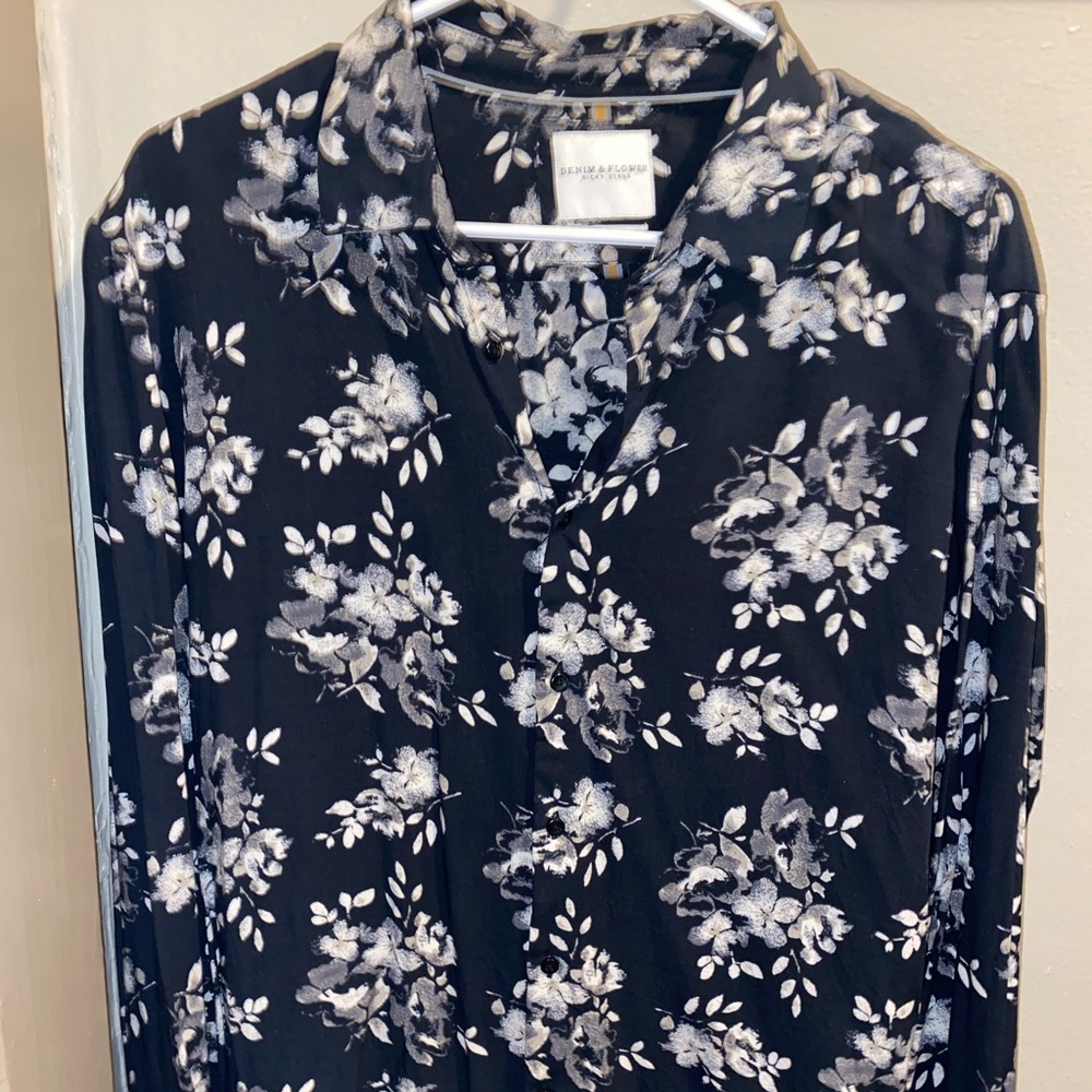 Mens Long-Sleeve Button-Up Dress Shirt Blue/white Denim & Flower by Ricky Singh